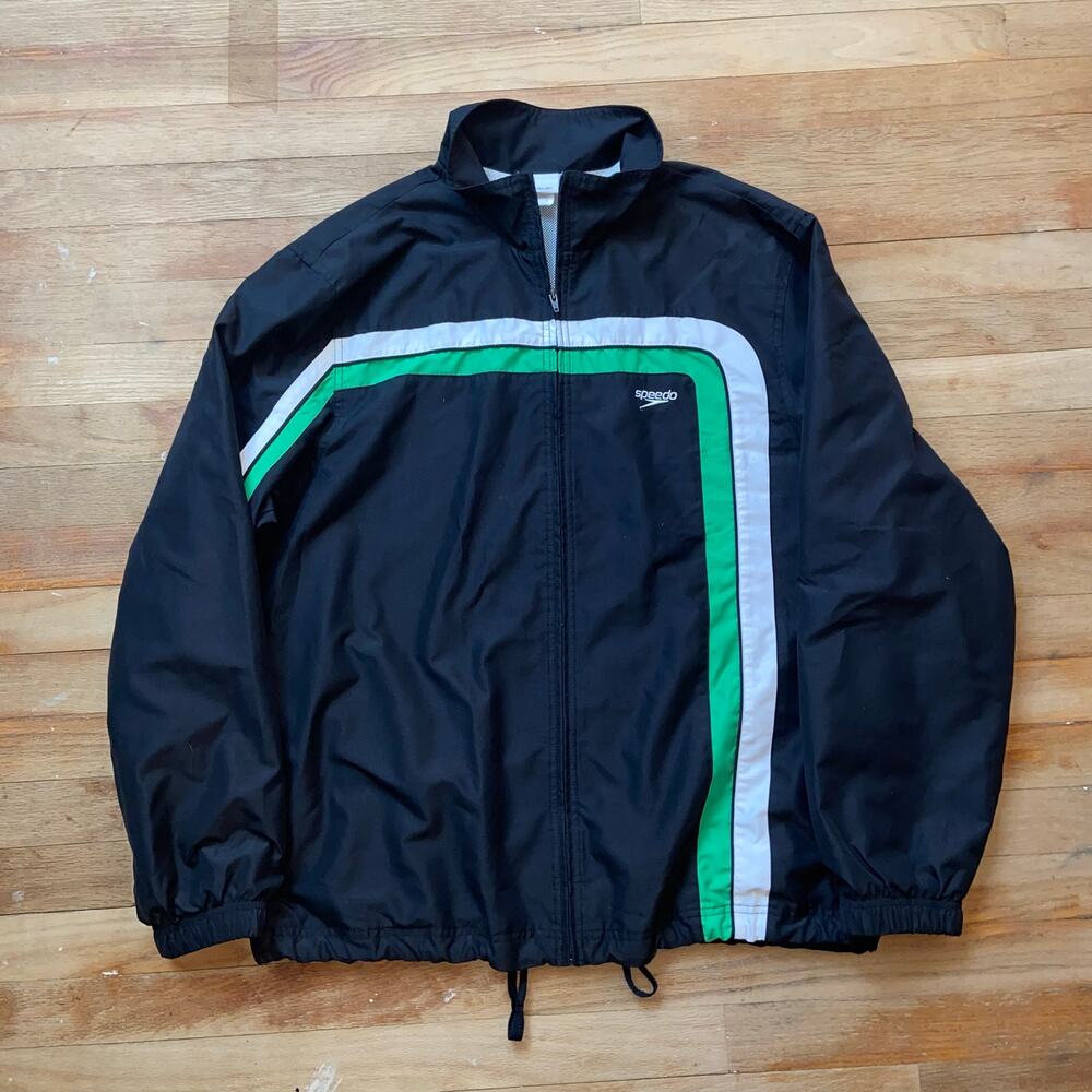 Vintage 90s Speedo Hydro Full-Zip Windbreaker Jacket Black Green Size XL